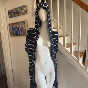 Wantable Hooded Long Open Front Cardigan Navy and White Stripe Size Large